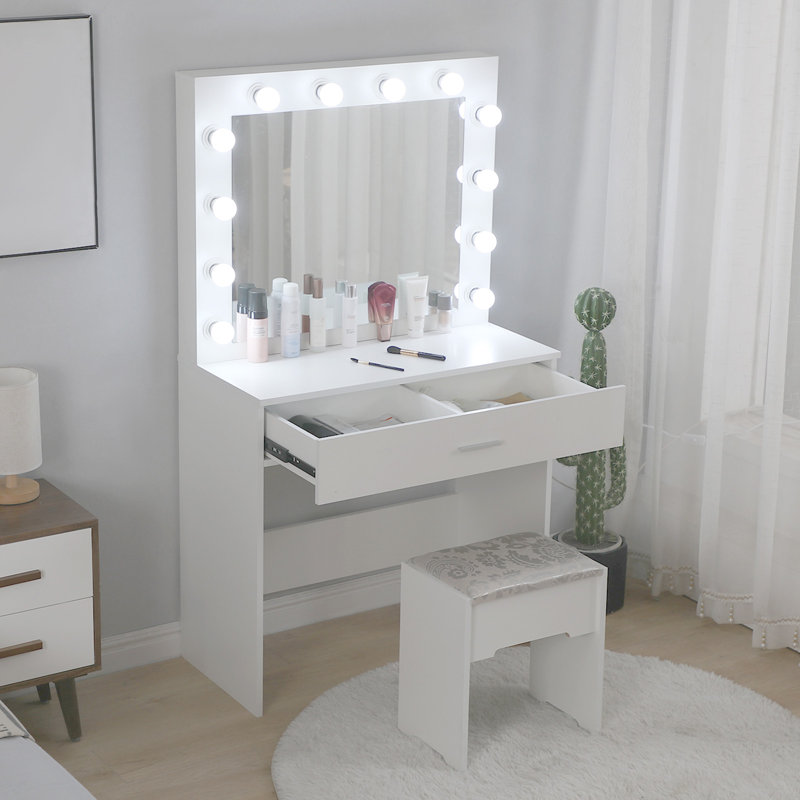 Latitude Run® Vanity Set With Lighted Mirror Cushioned Stool Dressing